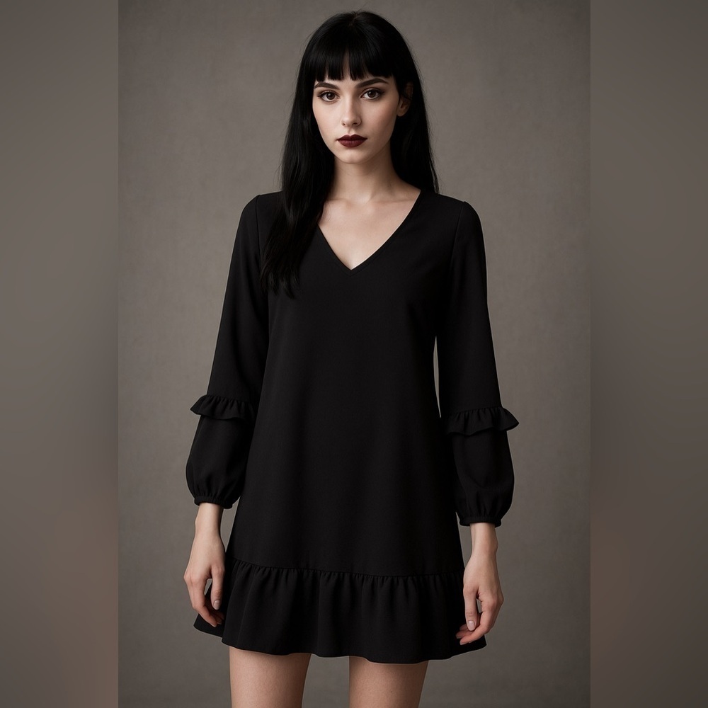AQUA Dress Women Size XS Mini Black V Neck Ruffle Trim Long Sleeve Shift goth